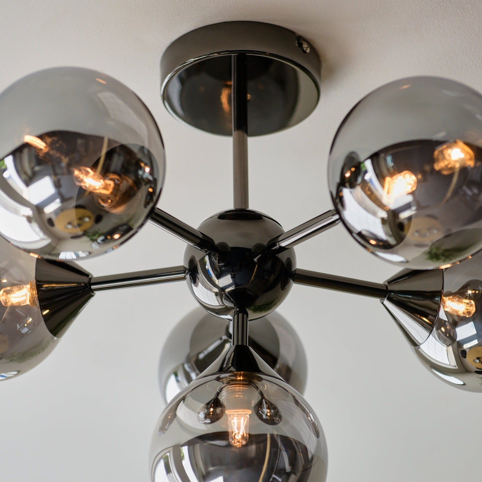 Sputnik Semi Flush 6 Pendant Light Chandelier | Black Smoked Glass