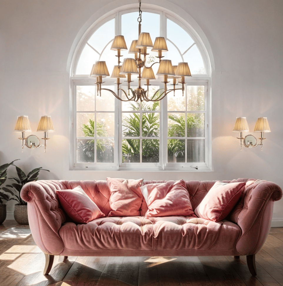 Traditional Multi Arm Antique Brass 12 Light Chandelier with Beige Shades